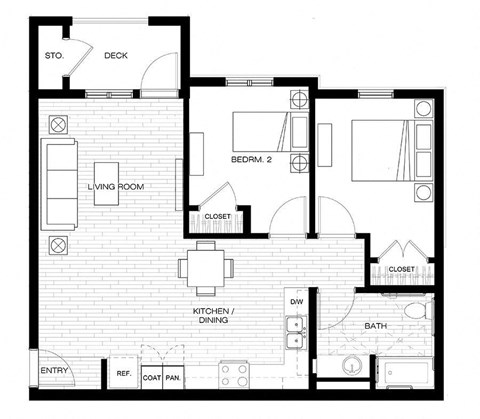 Two bedroom one bath floor plan 822 square feet